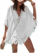 Bluzki damskie - PAREO NARZUTKA NA STRÓJ TUNIKA BOHO BIAŁA FRĘDZLE - miniaturka - grafika 1