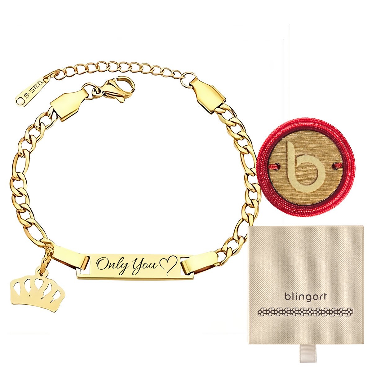 Bransoletka damska z GRAWEREM POZŁACANA KORONA blaszka BLINGART