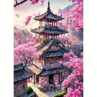Rękodzieło - TEMU Zestaw do malowania diamentów 5D - Cudowna starożytne pagoda z kwiatami wiśni, okrągłe akrylowe diamenty, 11.8"x15.75" DIY Craft, Stitch Wall - miniaturka - grafika 1