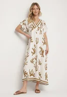 Sukienki - Brązowo-Beżowa Sukienka z Lnem i Wiskozą o Pudełkowym Kroju Sadirene - miniaturka - grafika 1