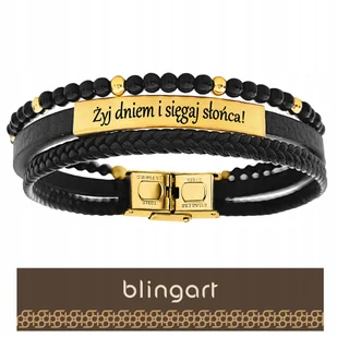 BLINGART BRANSOLETKA męska Z GRAWEREM i złoto czarnymi koralikami SKÓRA - Bransolety męskie - miniaturka - grafika 1