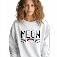 Bluzy damskie - Biała Bluza Damska Dresowa MEOW Stylowa Modna Wzory Rozmiar M - miniaturka - grafika 1