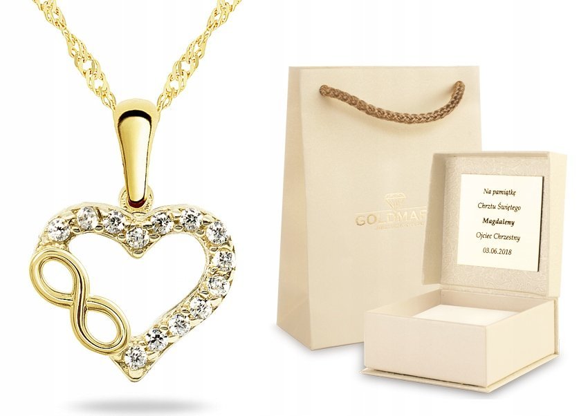 ZŁOTY NASZYJNIK Z SERCEM I NIESKOŃCZONOŚCIĄ CYRKONIE DEDYKACJA 14KT 585