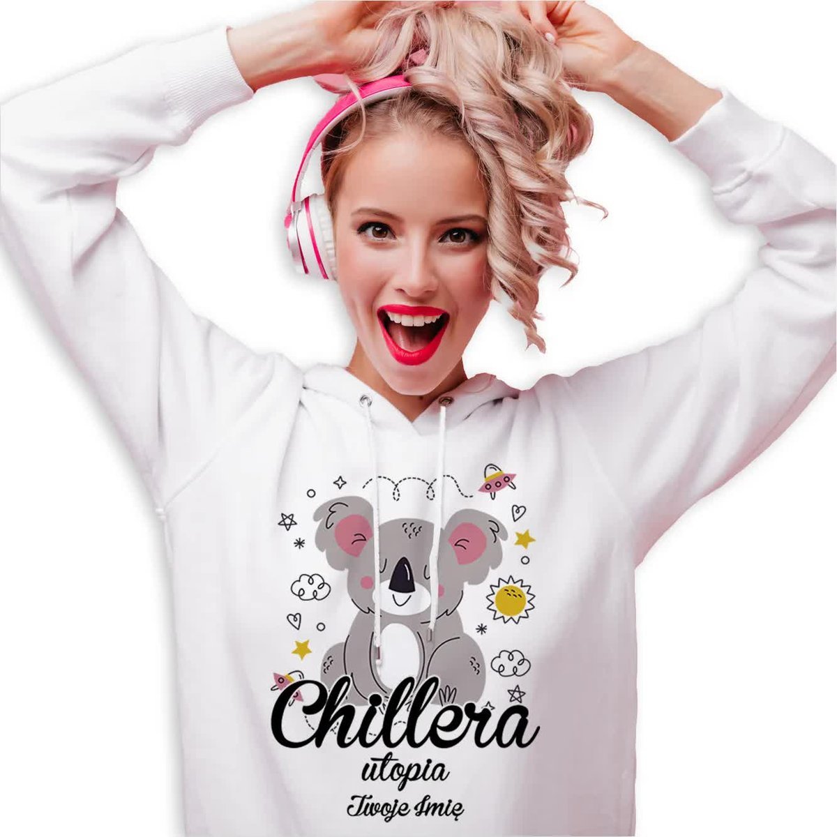 BLUZA DRESOWA Damska BIAŁA Z Kapturem Koala CHILLERA UTOPIA IMIĘ Wzory - S