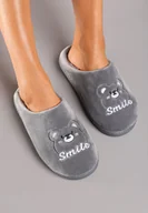 Kapcie damskie - Szare Kapcie Welurowe z Ozdobną Naszywką i Futerkiem Naorita - miniaturka - grafika 1