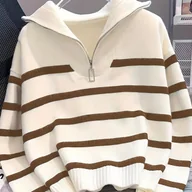 Swetry damskie - TEMU Elegancki damski sweter w czerwono-białe paski - miękki, gruby, z długim rękawem, z wysokim dekoltem, idealny na jesień/zimę, od stroju - miniaturka - grafika 1