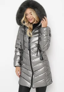 Srebrna Pikowana Kurtka z Kapturem Ozdobionym Futerkiem Kavenna - Kurtki damskie - miniaturka - grafika 1