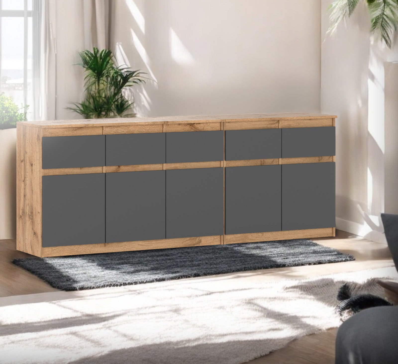 Komoda Skandynawska 200cm 5 Szuflad Pojemna Szafka Dąb Wotan Szara Mat