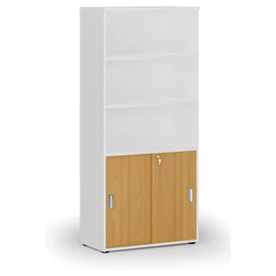 Szafa biurowa kombinowana PRIMO WHITE, drzwi przesuwne na 2 poziomach, 1781 x 800 x 420 mm, biały/buk - Szafy biurowe - miniaturka - grafika 1