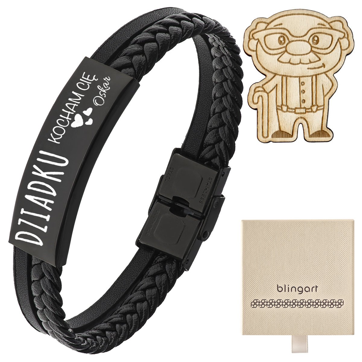 Bransoletka męska z GRAWEREM czarna plecionka blas