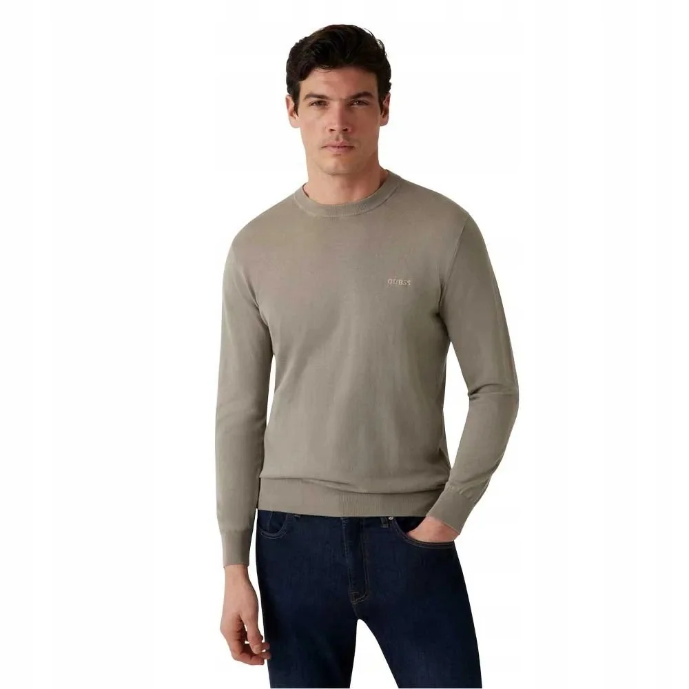 GUESS BEŻOWY SWETER MĘSKI BAWEŁNIANY Z OKRĄGŁYM DEKOLTEM M 12CA