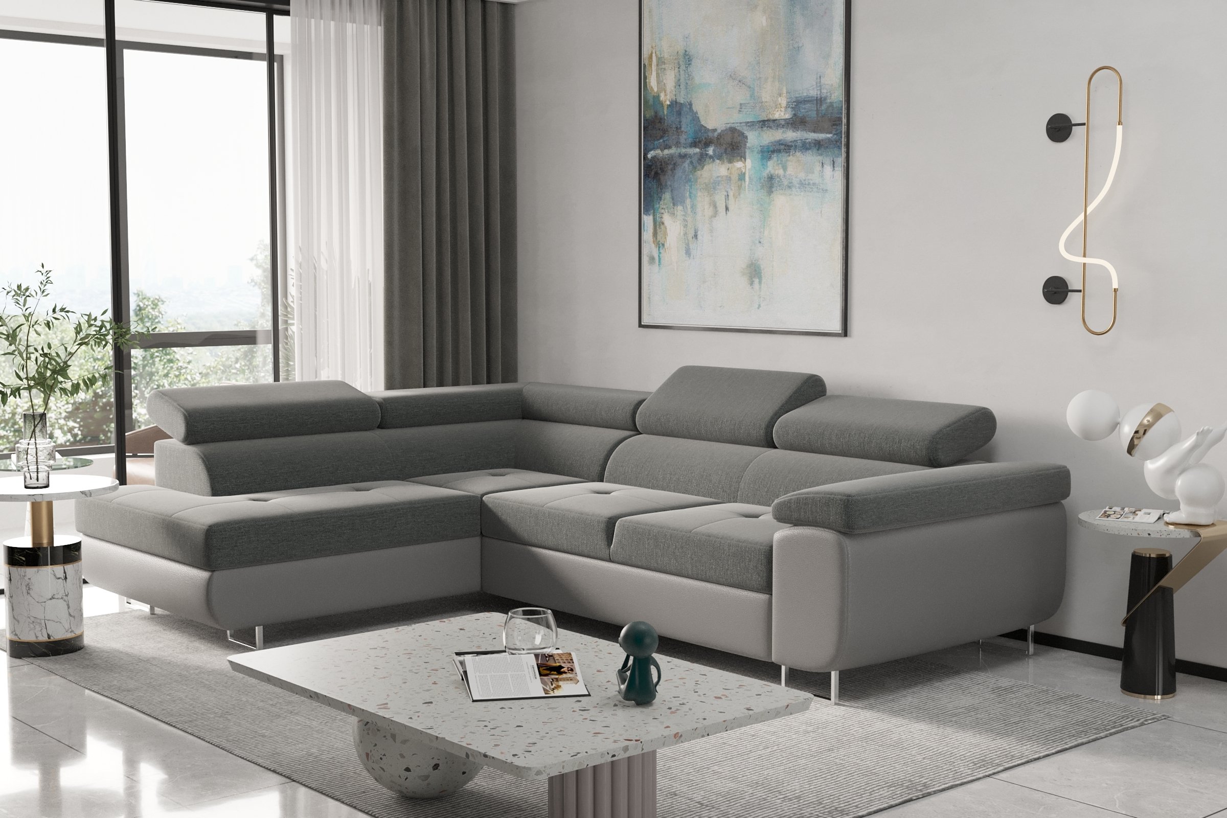 Narożnik z funkcją spania i pojemnikiem na pościel w kształcie litery L - RUDEN - wiele kolorów Szary Lewy