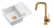 Zlewozmywaki z baterią - Quadron Unique Zlewozmywak granitowy jednokomorowy 62*50*22 cm z ociekaczem MORGAN 116 SNOW WHITE z syfonem Push-2-Open w kolorze miedzianym z baterią NATALIE Q LINE kolor miedziany - miniaturka - grafika 1