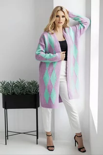 Swetry damskie - Elegancki sweter kardigan w romby liliowy - PeeKaBoo - grafika 1