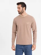 Koszulki męskie - Longsleeve bawełniany męski z dekoltem U w paski i haftem brązowy V6 OM-LSCL-0128 XL - miniaturka - grafika 1