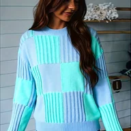 Swetry damskie - TEMU Sweter Damski w Stylu Bliskowschodnim - Pastelowa Niebieska i Miętowo-Zielona Kratka, Okrągły Dekolt, Średnia Elastyczność, Pranie Ręczne, Moda - miniaturka - grafika 1