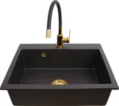 Zlewozmywaki z baterią - Zlewozmywak PREHNIT Zlewozmywak jednokomorowy ELAN czarny złoty metalik + bateria flex złota - miniaturka - grafika 1