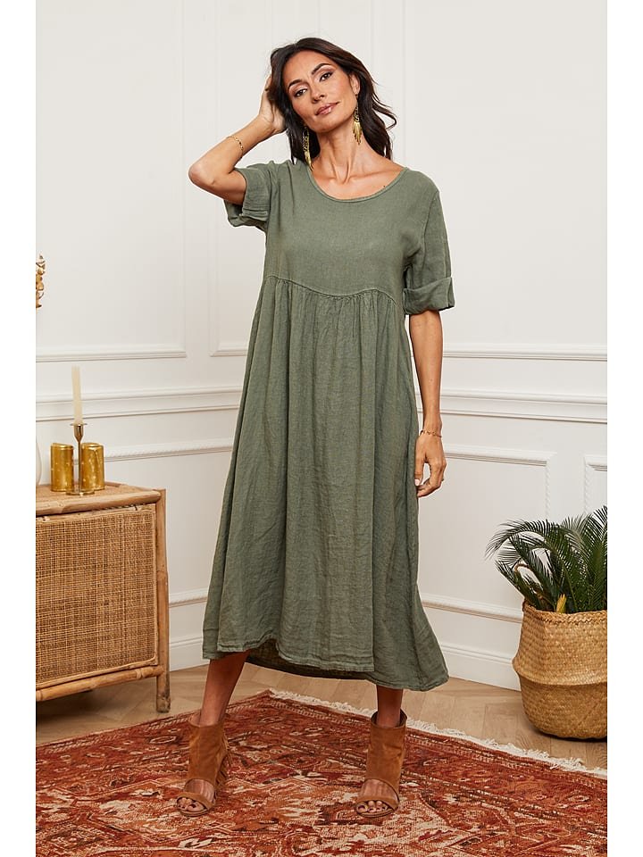 La Compagnie Du Lin Lniana sukienka w kolorze khaki