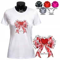 Koszulki i topy damskie - KOSZULKA DAMSKA Z NADRUKIEM T-SHIRT - WZÓR KOKARDKA SERCE PREZENT - XS - miniaturka - grafika 1