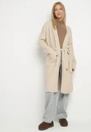 Swetry damskie - Beżowy Niezapinany Kardigan z Wełną z Warkoczowym Splotem i Wiązanym Paskiem Darrive - miniaturka - grafika 1