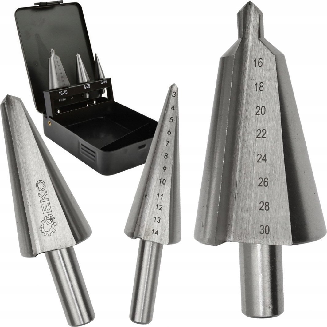 Geko Wiertło Zestaw wierteł bezstopniowych 3szt. 3-30mm metal skrzynka 50
