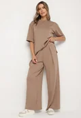Komplety damskie - Beżowy Komplet z Wiskozą T-shirt i Szerokie Spodnie Naliassa - miniaturka - grafika 1