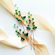 Ozdoby do włosów - KOMPLET zielonych złotych ozdób wsuwki szpilki kokówki do fryzury ślubnej - miniaturka - grafika 1