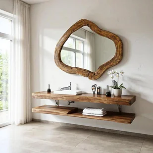 designerskie lustro z drewna naturalnego do łazienki asymetryczne - Lustra - miniaturka - grafika 1