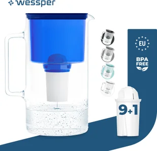 Dzbanek filtrujący wodę Wessper wykonany ze szkła 3 L Niebieski Kompatybilny z wkładami filtrującymi Brita Classic Zawiera 10 wkładów filtrujących wodę - Dzbanki i imbryki - miniaturka - grafika 1