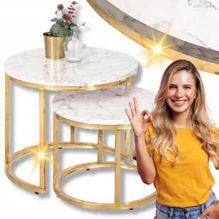 Zestaw Stolik Kawowy Okrągły 2w1 Glamour Ława Loft Biały Marmur Złoty Olis - Ławy i stoliki kawowe - miniaturka - grafika 1