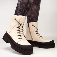 Botki damskie - Lee Cooper LCJ-24-01-2979 botki damskie skórzane ocieplane na zimę beżowe - miniaturka - grafika 1