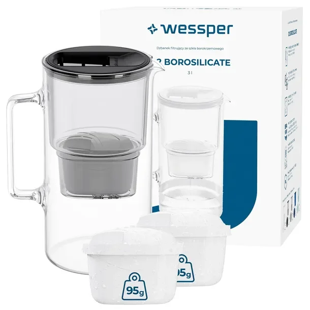 Dzbanek filtrujący Wessper D2 BOROSILICATE 3l czarny + 3x filtr
