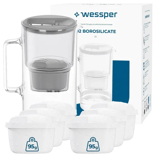 Dzbanek szklany filtrujący Wessper D2 Borosilicate 3l szary + 7x filtr