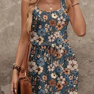 Sukienki - TEMU Elegancka Sukienka na Ramiączkach z Kwiatowym Wzorem w Stylu Boho dla Kobiet - Bezrękawnikowy Styl Wakacyjny z Sztucznym Sznurowaniem w Talii, - miniaturka - grafika 1