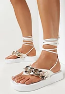 Sandały damskie - Białe Sandały Japonki z Ozdobnym Łańcuchem i Rzemykiem na Łydkę Adoleta - miniaturka - grafika 1