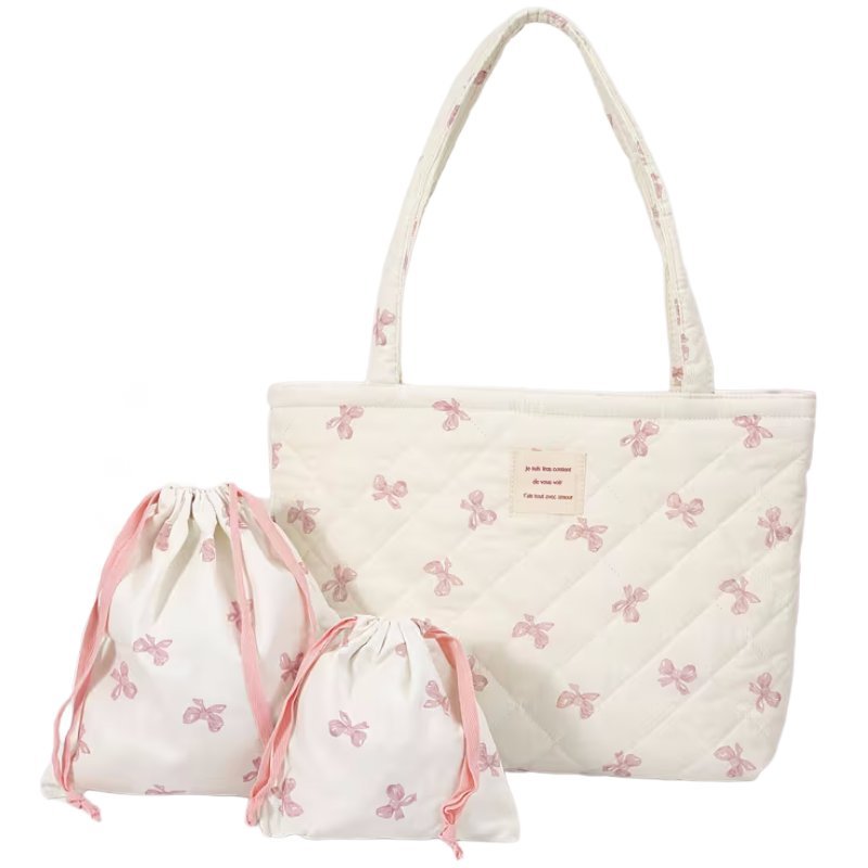 Pikowana Urocza Torba z Woreczkami Zestaw Coquette Biała w Kokardki