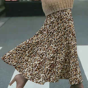 TEMU Elegancka Spódnica Midi w Kwiaty z Elastycznym Pasem - Brązowa/Beżowa/Tan/Taupe, Cyfrowy Nadruk Bezszwowy do Biura i Stylu Casual, Spódnice w - Spódnice - miniaturka - grafika 1