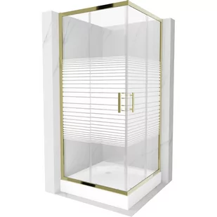 Mexen Rio kabina prysznicowa kwadratowa 90x90 cm, pasy, złota + brodzik Rio, biały - Kabiny prysznicowe - miniaturka - grafika 1