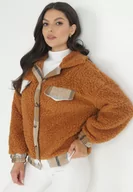 Kurtki damskie - Brązowa Kurtka Pluszowa Teddy Oversize Veshe - miniaturka - grafika 1
