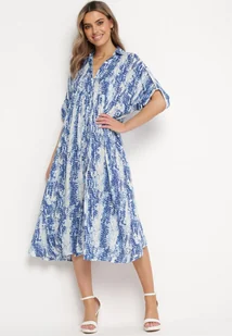 Niebieska Sukienka z Koszulową Górą z Wiskozy w Abstrakcyjny Wzór Navila - Sukienki - miniaturka - grafika 1