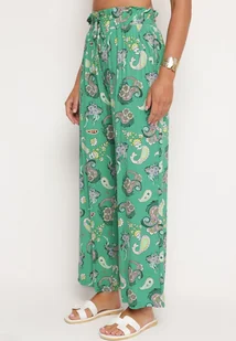 Zielone Spodnie z Bawełny z w Stylu Boho z Szerokimi Nogawkami i Gumką w Talii Jelvia - Spodnie damskie - miniaturka - grafika 1