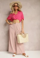 Spodnie damskie - Jasnoróżowe Spodnie z Szerokimi Nogawkami w Stylu Palazzo High Waist z Gumką w Pasie z Ozdobnym Elementem Ellsiana - miniaturka - grafika 1