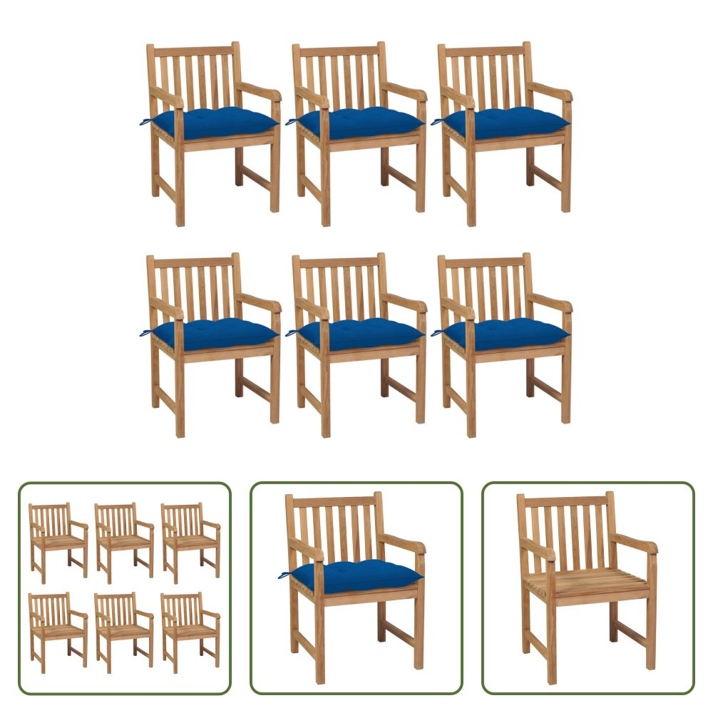 The Living Store krzesła ogrodowe 6 szt. z niebieskimi poduszkami z litego drewna tekowego