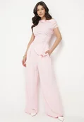 Komplety damskie - Różowy Komplet Asymetryczna Bluzka z Marszczeniem i Szerokie Spodnie Filuriela - miniaturka - grafika 1