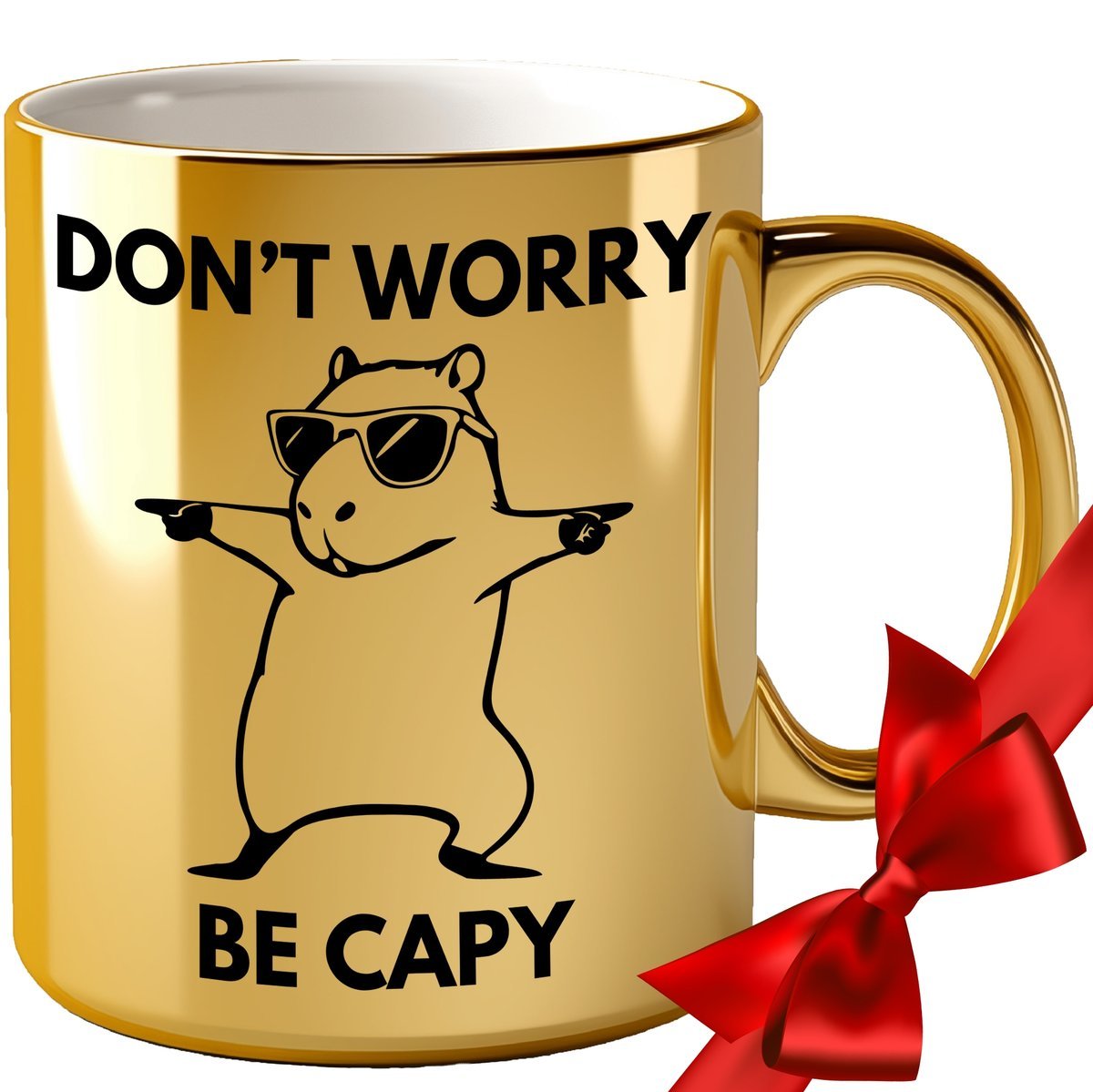 KUBEK Z KAPIBARĄ ZŁOTY KAPIBARA ŚMIESZNY NADRUK DONT WORRY BE CAPY PREZENT