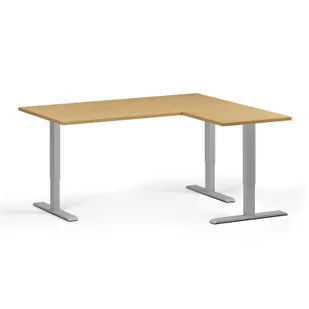Stół z regulacją wysokości, 3 silniki, 745 - 1215 mm, narożnik L/P, blat 1600 x 1400 mm, podstawa szara, buk - Biurka - miniaturka - grafika 1