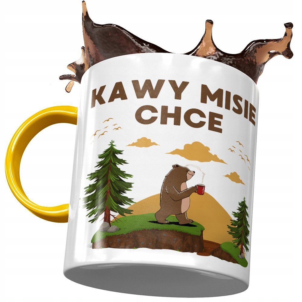 Kubek Żółty Śmieszny Zabawny Kawy Misie Chce z Nadrukiem ze Zdjęciem + Opakowanie na prezent (wzór 02)
