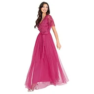 Sukienki - Maya Deluxe Kobiety Maxi Dress Ladies Ball Gown na wesele Guest Embellished Tie Waist V Szyja Dziewczyna Sukienka Damska, Fuksja, 42 - miniaturka - grafika 1