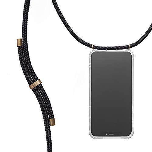KNOK Etui na telefon komórkowy kompatybilne z Apple iPhone 12 / iPhone 12 Pro – silikonowe etui z paskiem – etui na telefon komórkowy do zawieszenia – przezroczyste etui ze sznurkiem – etui ochronne ze sznurkiem w kolorze czarnym