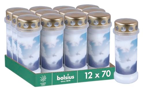 BOLSIUS - Znicz – palnik stały – biały – nr 6 – 12 sztuk – z motywem – niebo – czas palenia do 70 godzin